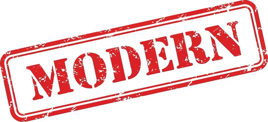 A striking red rectangular stamp prominently displays the word modern in bold white capital letters against a clean backdrop