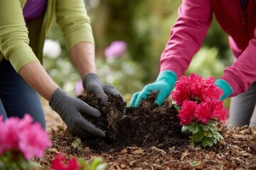 Fototapeta premium Two individuals wearing gardening gloves plant vibrant red flower into rich dark soil
