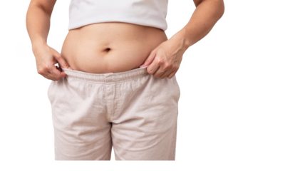 Cropped torso of individual in bedroom softly tugging waistband to show weight change highlighting menstrual calendar impact with a missed period marked clearly.