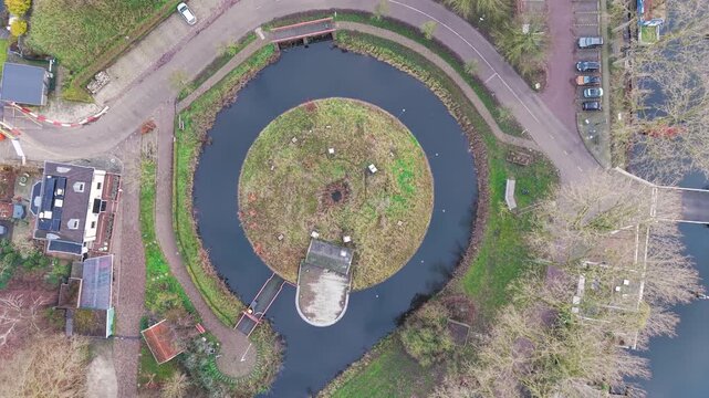 Top-down aerial view of Fort Ossenmarkt, historical fortification in the city of Weesp, North Holland, The Netherlands