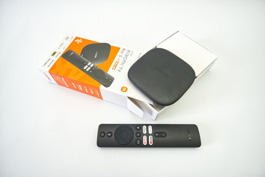 Suzano, Sao Paulo - Brazil - december 03, 2025: Xiaomi TV Box with Remote Control