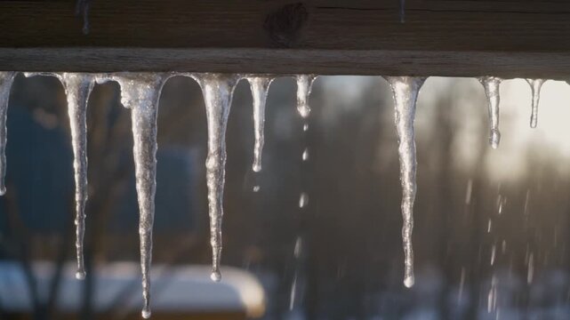 Close up of icicles melting and dripping in the sunlight