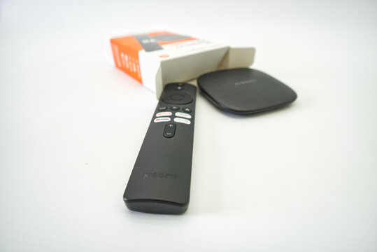 Suzano, Sao Paulo - Brazil - december 03, 2025: Xiaomi TV Box with Remote Control