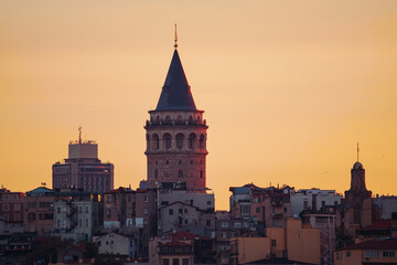 The Galata Tower  at dawn. Magnificent cityscape of Istanbul in the morning.