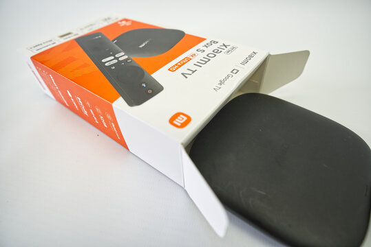 Suzano, Sao Paulo - Brazil - december 03, 2025: Xiaomi TV Box with Remote Control
