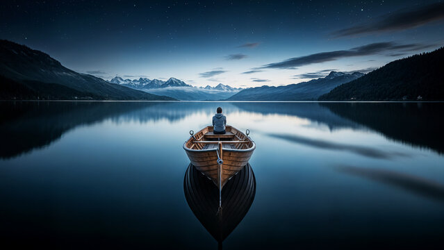 Solo rower reflects under starry mountain lake night