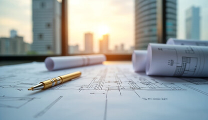 Close-up of architectural blueprints on a table with a pen, against modern skyscrapers background