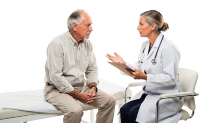 Older man discussing constipation symptoms with healthcare professional relaxed posture in sterile exam setting isolated on white background.