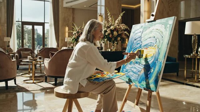 Senior woman enjoying her passion for art, painting a vibrant abstract masterpiece in a bright, elegant lobby, finding joy and creative expression