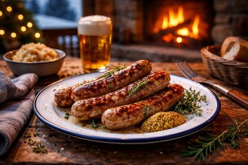 Grilled sausages with mustard and beer in cozy winter setting