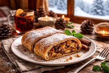 Apple strudel with cinnamon and raisins in cozy winter setting
