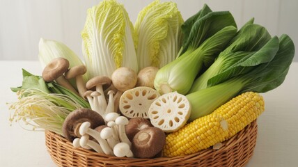Fresh Assorted Asian Vegetables and Mushrooms in Wicker Basket on White Background