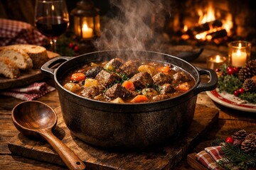 Hearty beef stew in cast iron pot by fireplace with candles