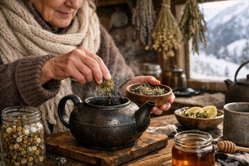 Elderly woman preparing herbal tea in rustic cabin during winter