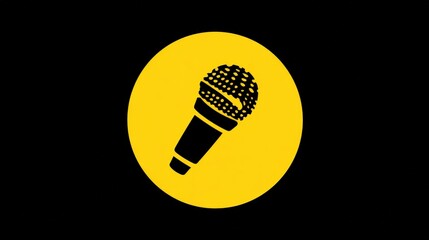 Black background with a prominent yellow circle featuring a microphone icon, symbolizing music and performance