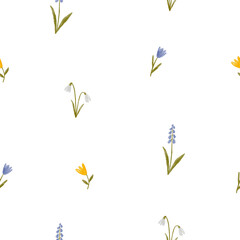 Fototapeta premium Happy Easter watercolor seamless pattern. Cute hand drawn Spring illustration with eggs, flowers, leaves and bunny. My first Easter