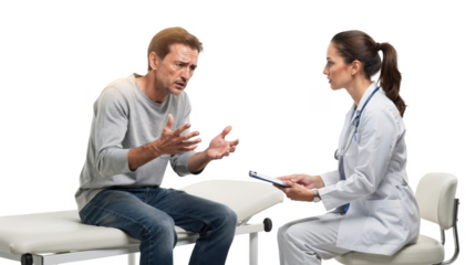 Patient seated in a primary care office explaining dizziness symptoms to a healthcare provider during a routine visit highlighting signs of low blood pressure on a white