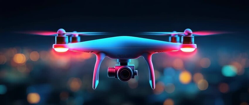 Futuristic Drone Flying Over Night Cityscape Aerial Photography Technology