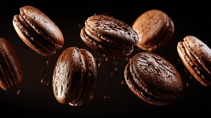 Close-up of glossy, dark chocolate macarons scattered on a dark background