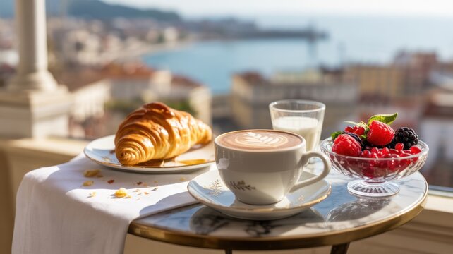 Luxury Breakfast with Coffee, Croissant and Fresh Berries on a Terrace Overlooking a Mediterranean Coastal City