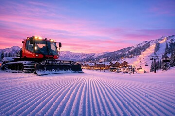 Snow groomer preparing ski slope at sunrise in mountain resort