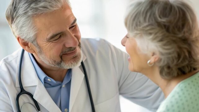 Senior physician doctor comforting and reassuring senior patient during medical consultation with stethoscope examination, compassionate physician