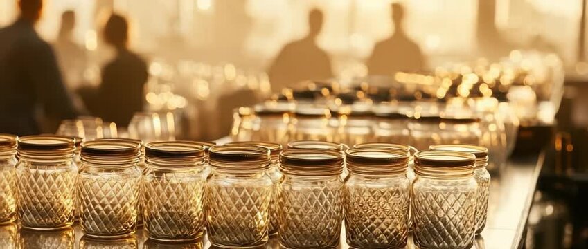 Golden Hour Rows of Decorative Glass Jars on a Counter with Blurred Background