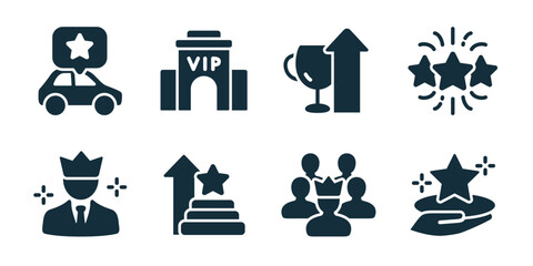 Loyalty benefits excellent icon collection. Set of vip access, reward stars, premium service, bonus points, customer status, special offer, achievement level, loyalty program icons