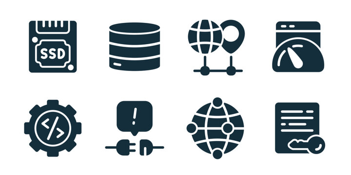 Web hosting excellent icon collection. Set of server rack, cloud security, global hosting, data transfer, network stability, database management, web performance, online service icons - Powered by Adobe