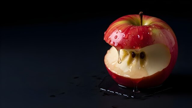 Fresh red apple with bite mark and juice drops dripping on dark dramatic background for diet snack