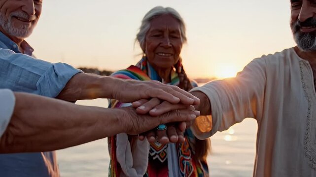 Three indigenous people with traditional clothing join hands in a moment of unity and connection against a warm sunset over water symbolizing community and heritage
