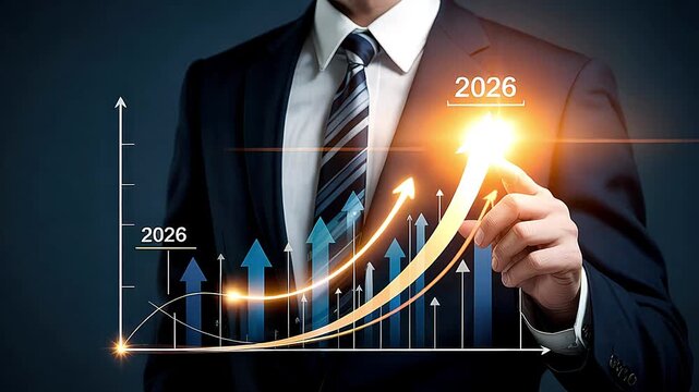 Businessman pointing at a rising graph with arrows and the year 2026 suit Generated with Ai