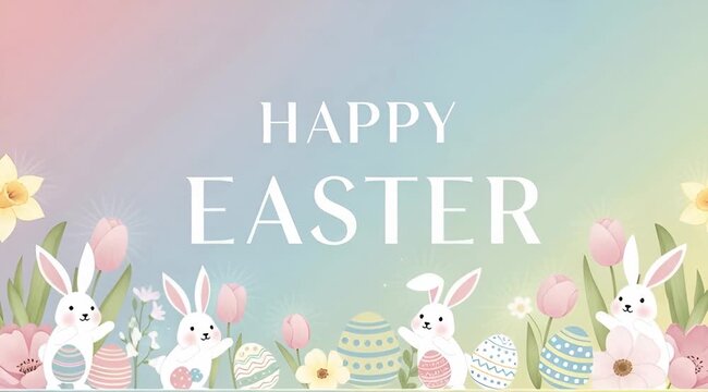Easter Greeting Card with Bunnies and Flowers.