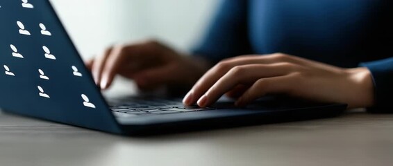 Person using laptop computer with social media network icons displayed Online networking digital - Powered by Adobe