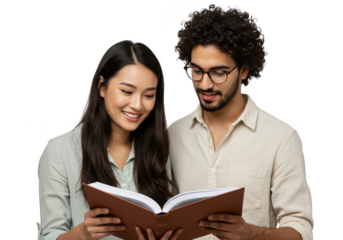 Young couple reading a book together isolated on transparent background