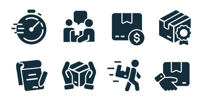 Business operations excellent icon collection. Speed timer, team discussion, payment box, certified package, signed contract, safe handling, express courier, package receipt icons