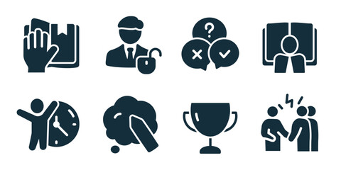 Soft skills excellent icon collection. Set of decision making, critical thinking, discussion table, adaptability action, problem solving, motivation boost, collaboration talk, personal growth icons