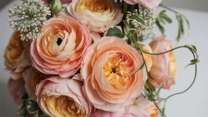 Elegant Bouquet of Peach and Pink Ranunculus with Garden Roses and Baby's Breath - Romantic Macro Floral Photography
