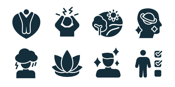 Mental health excellent icon collection. Set of emotional balance, stress anxiety, nature therapy, mindfulness mind, burnout cloud, meditation lotus, self confidence, personal checklist icons