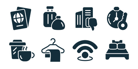 Hotel excellent icon collection. Set of passport documents, luggage bags, reception desk, room service bell, wardrobe hanger, wifi signal, double bed, table lamp icons