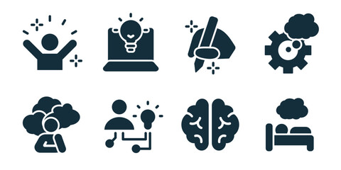 Idea and Inspiration excellent icon collection. Celebrating person, laptop idea bulb, handwriting pen, cloud gear, thinking person, connected idea, brain, sleep dream icons