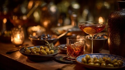 Obraz premium Elegant Dinner Table with Wine Glasses, Olives, and Warm Ambient Lighting