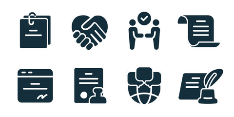 Deal and handshake excellent icon collection. Set of contract file, handshake heart, agreement approval, document scroll, credit card, user document, global deal, signature icons