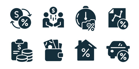 Credit and mortgage excellent icon collection. Set of percentage exchange, money partnership, time credit, rate report, cash document, wallet money, home rate, credit car icons