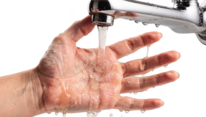 Hand with water droplets startled by sudden cold water from bathroom sink tap isolated on white background highlighting fingers under stream in a home setting.