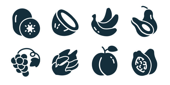 Fruits excellent icon collection. Kiwi, coconut half, banana bunch, avocado, grapes, apple, fig, pear icons