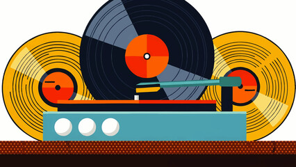 Obraz premium Retro Turntable Playing Vinyl Records Vintage Music Player Graphic overlay