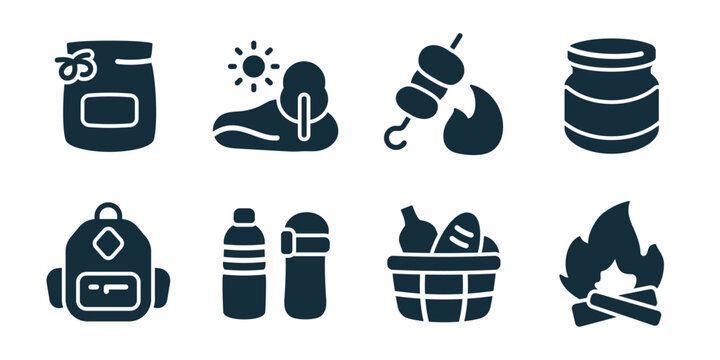 Picnic excellent icon collection. Set of outdoor chair, sun hat, hot grill, picnic basket, backpack gear, water bottle, fresh food basket, campfire icons