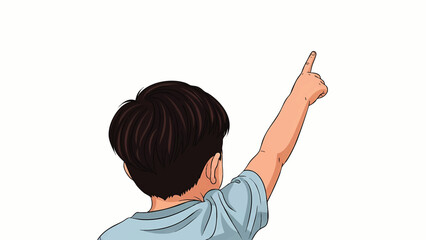 Boy seen from behind points his right index finger upward against a plain white background for.