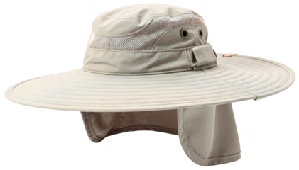 Isolated widebrim hat with neck flap on white background showing detailed UVprotective fabric texture and design for sun safety outdoors.